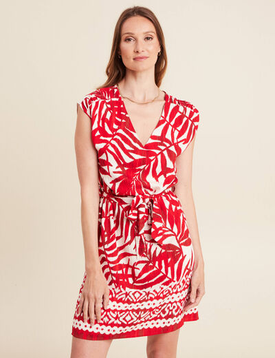 Robe droite courte col V manches courtes ecru femme