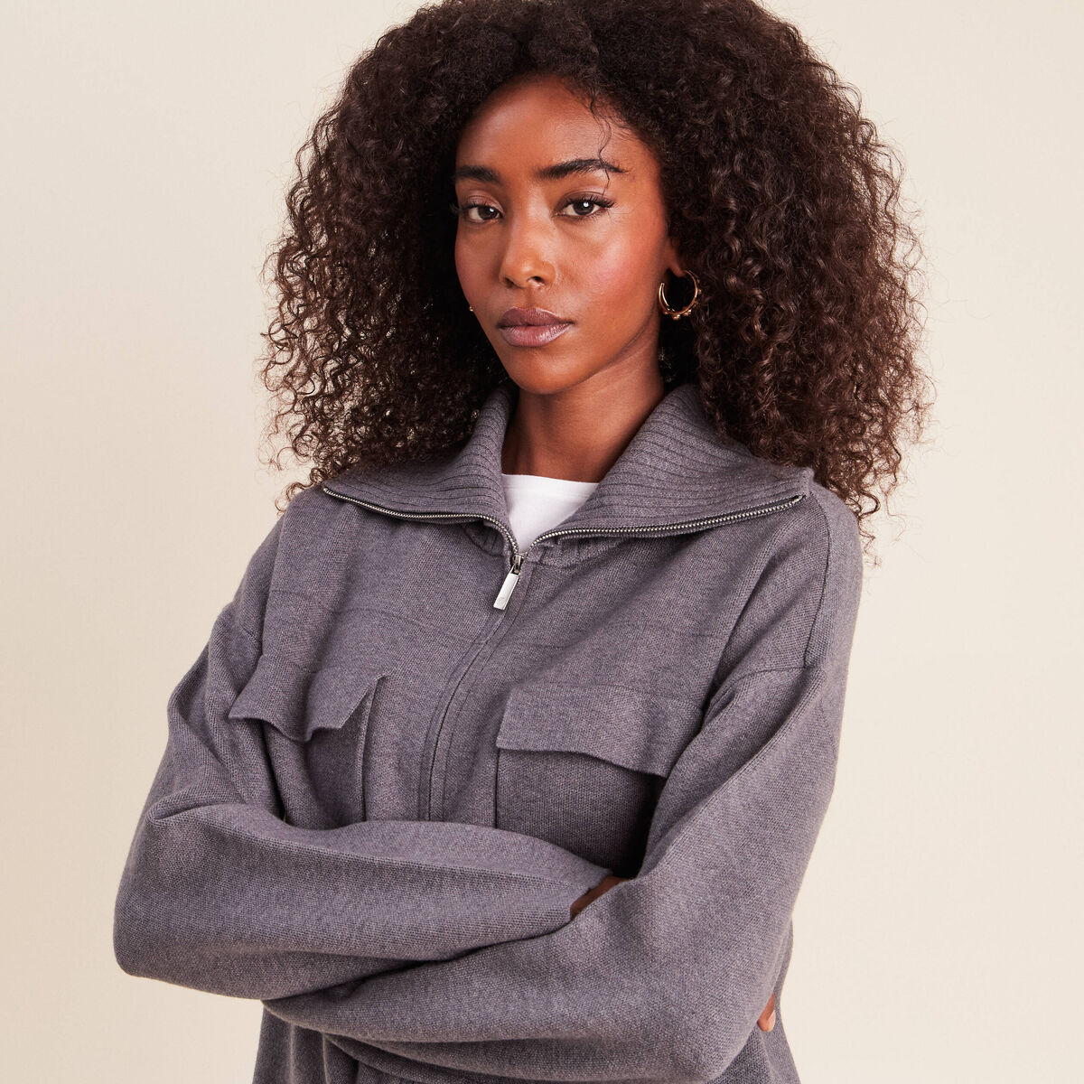 Cardigan col camionneur gris fonc&eacute; femme