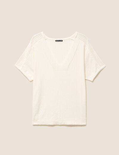 Pull droit col v manches courtes ecru femme