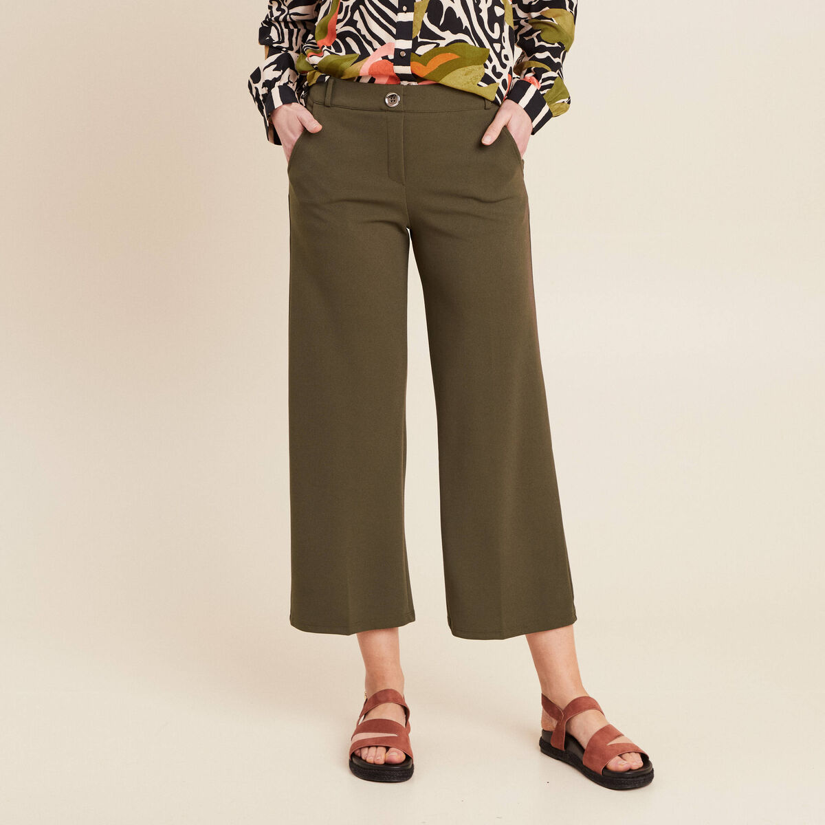 Pantalon large pinces vert kaki femme
