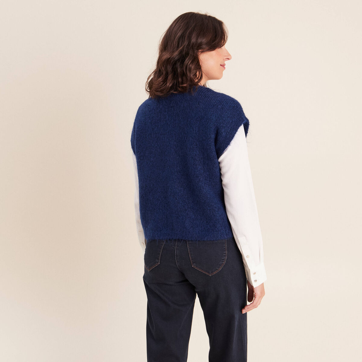 Gilet droit mi-long col v bleu marine femme
