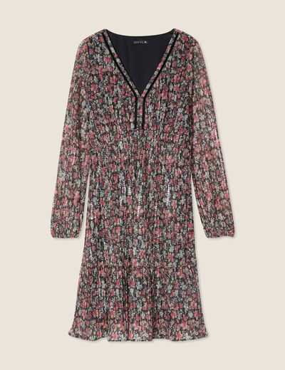 Robe fleurie à sequins évasée rose framboise femme