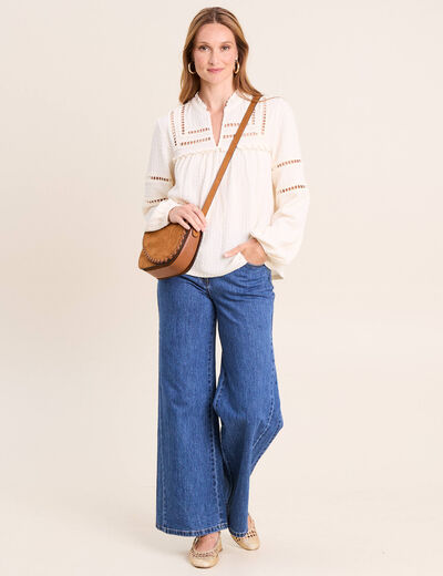 Blouse boh&egrave;me maille cr&ecirc;p&eacute;e ecru femme