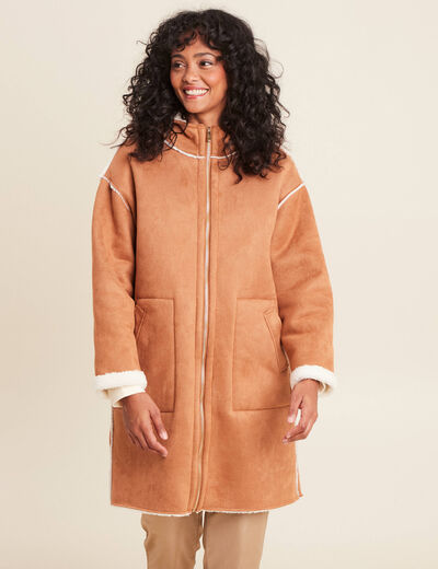 Manteau su&eacute;dine &agrave; capuche marron femme
