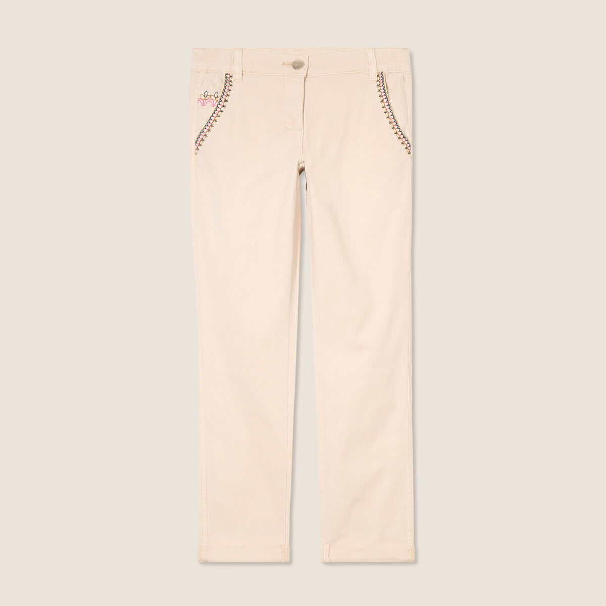 Pantalon chino brodé 7/8ème denim beige femme