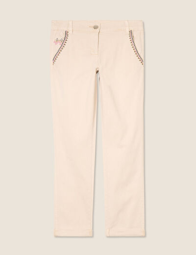 Pantalon chino brodé 7/8ème denim beige femme