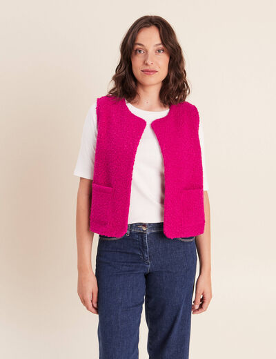 Gilet sans manches bouclette poches rose fushia femme