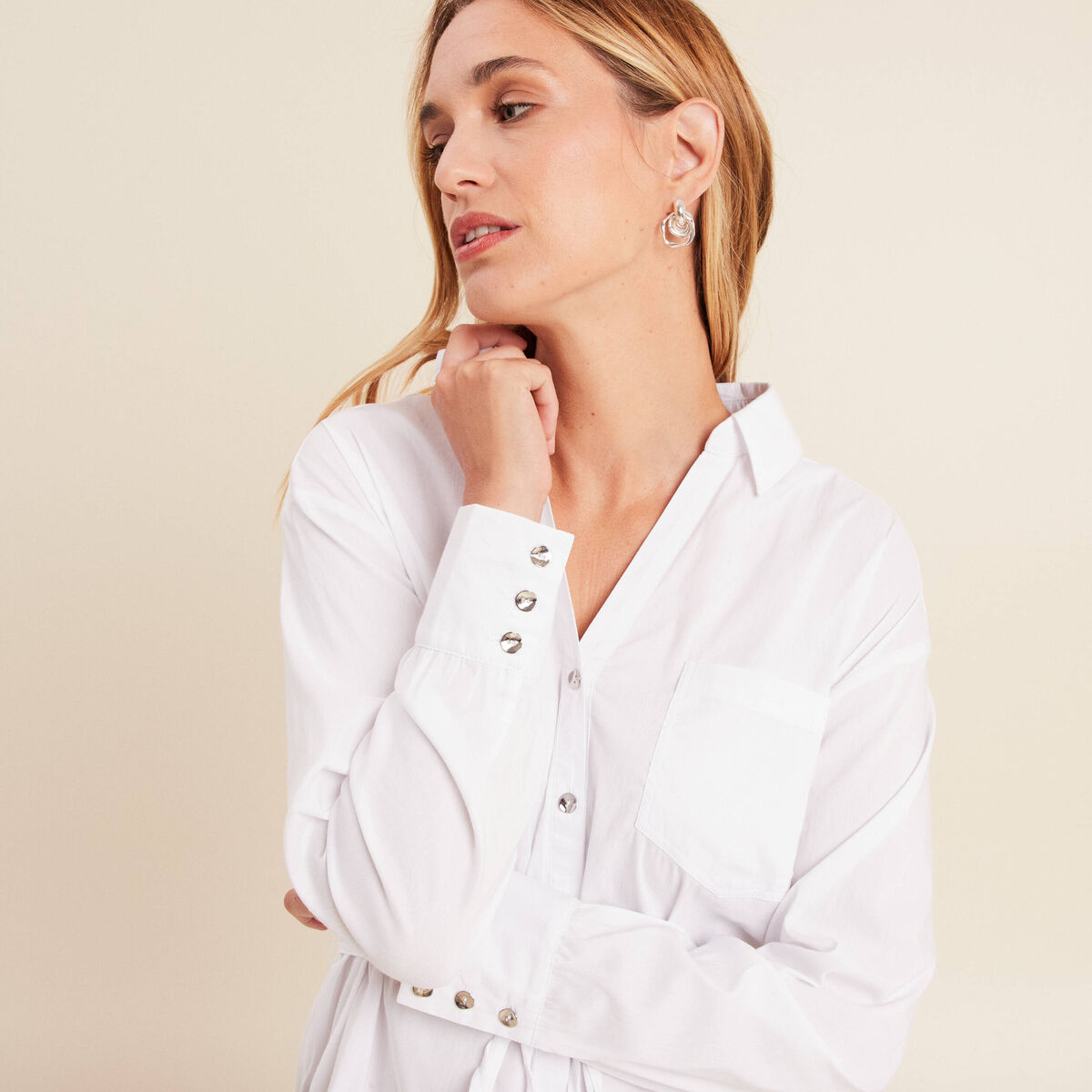 Tunique droite longue col chemise blanc femme