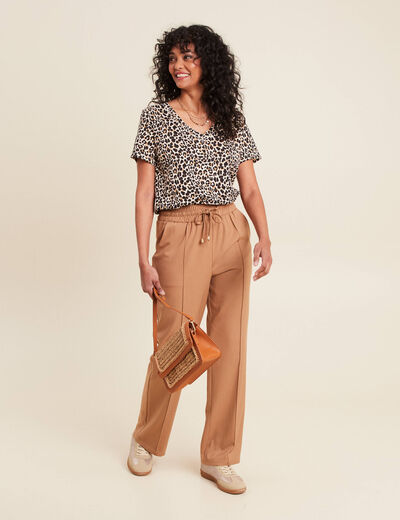 Pantalon droit taille haute camel femme
