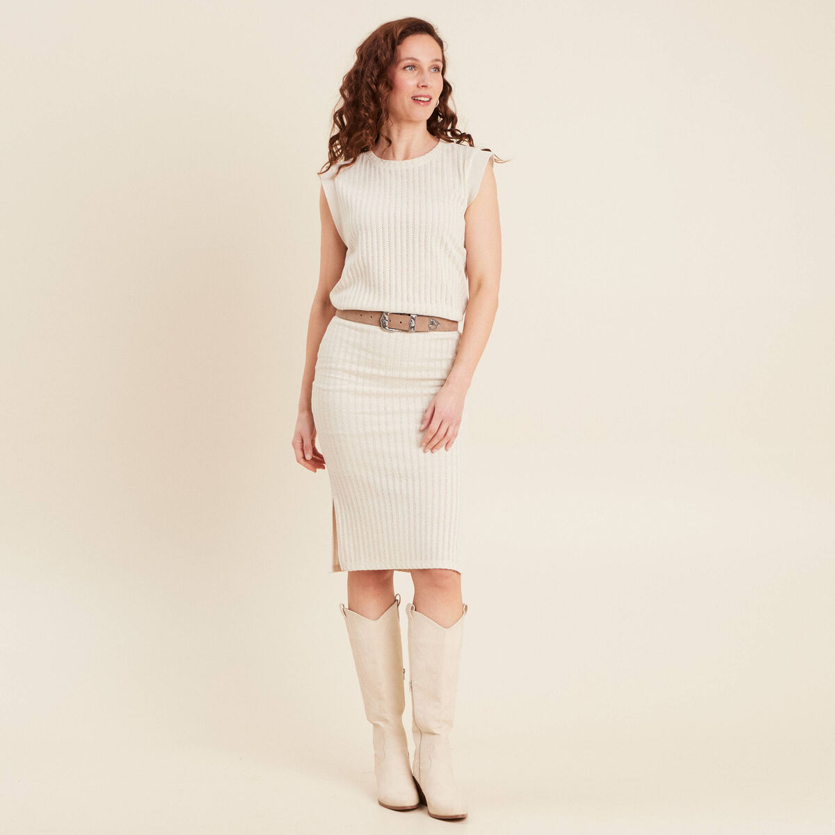 Jupe tricot longue tube ecru femme