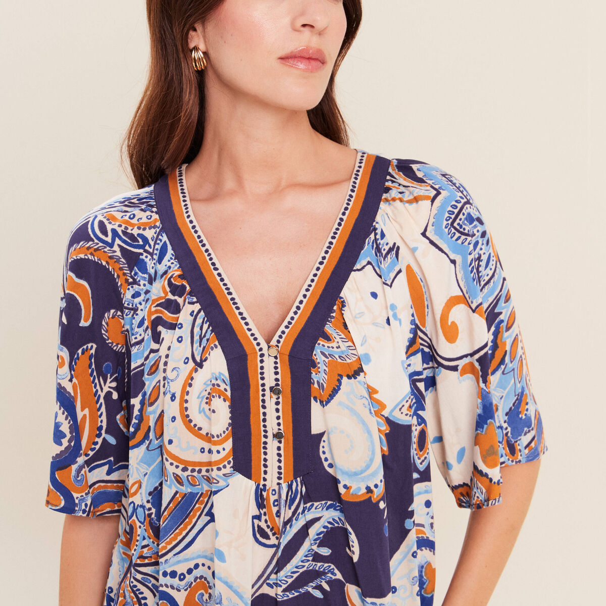 Blouse ample col v manches 3/4 bleu femme