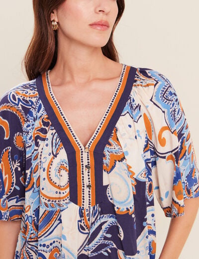 Blouse ample col v manches 3/4 bleu femme