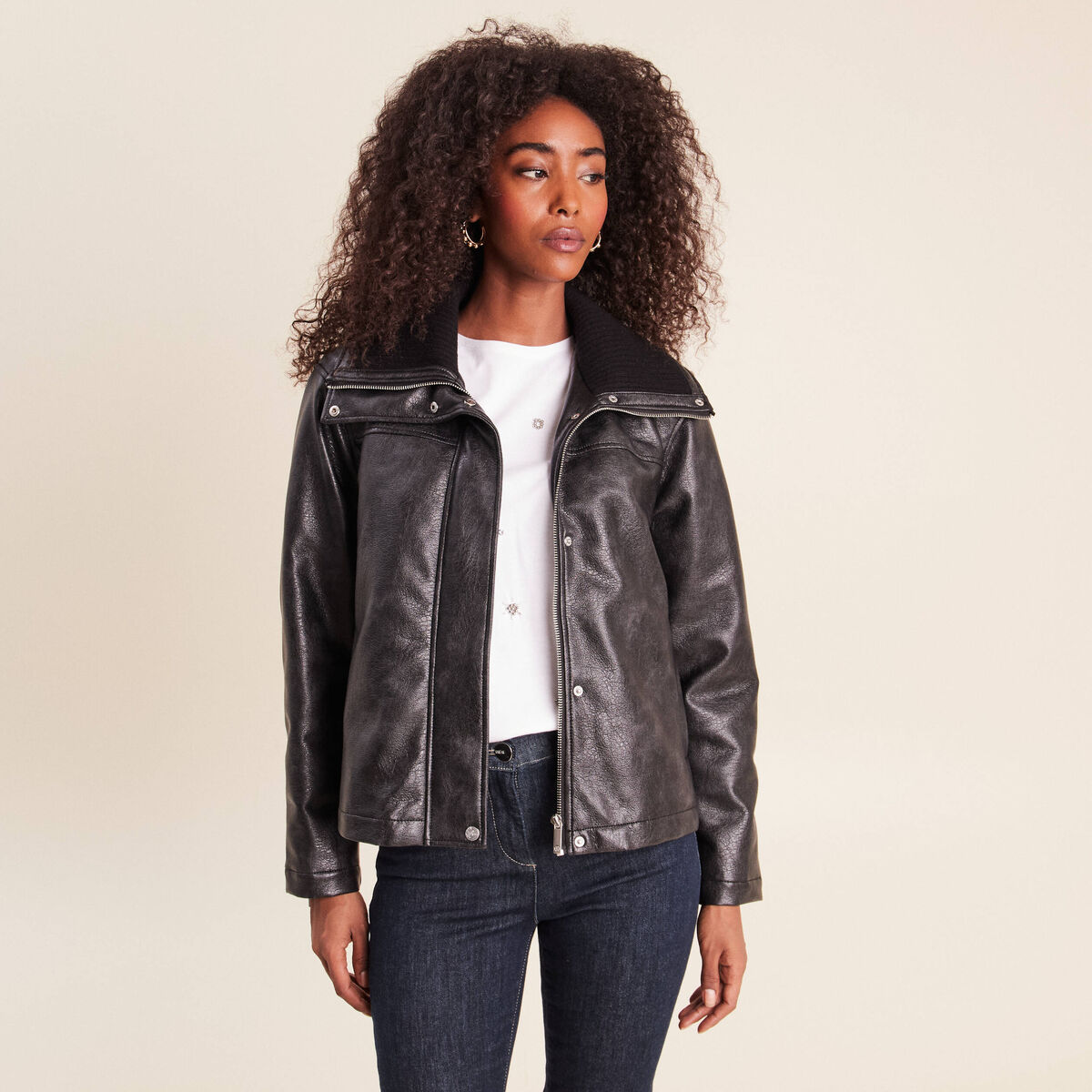 Veste ample col camionneur doubl&eacute;e noir femme
