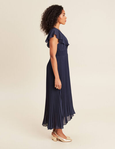 Robe longue évasée à volants bleu marine femme
