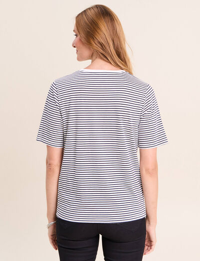 T-shirt droit broderie manches courtes bleu femme