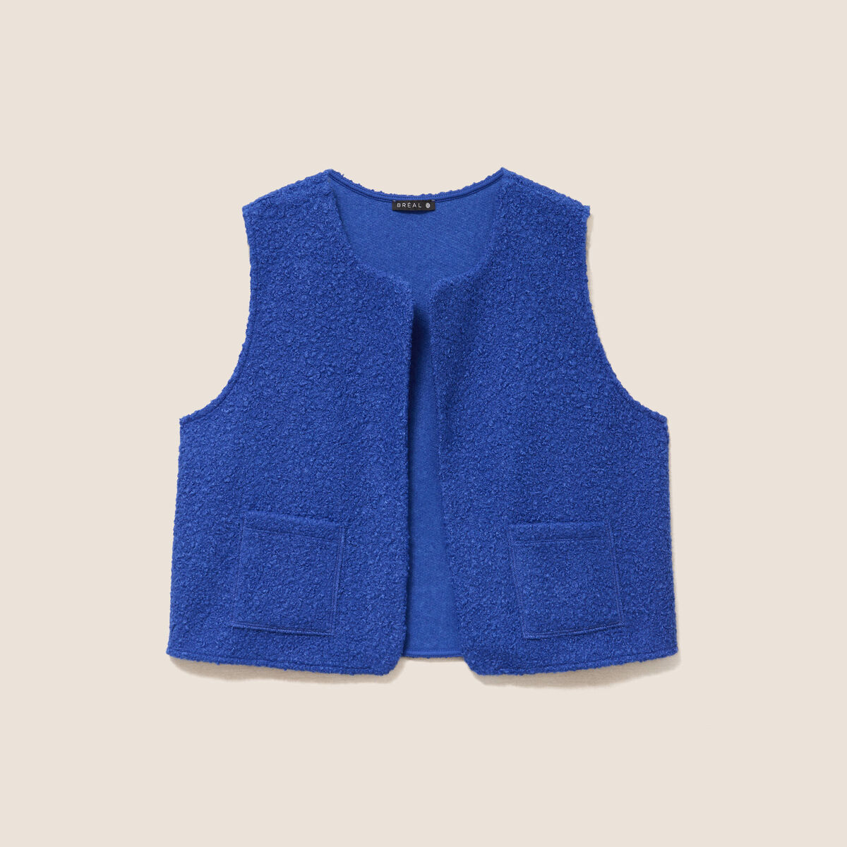 Gilet sans manches bouclette poches bleu fonc&eacute; femme
