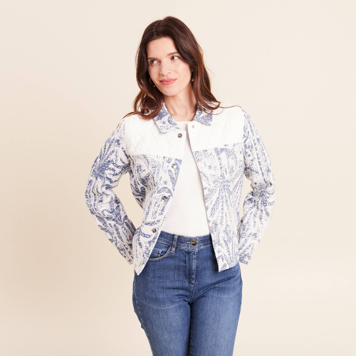 Veste bi-mati&egrave;re jacquard bleu femme