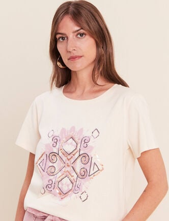 T-shirt col rond manches courtes ecru femme