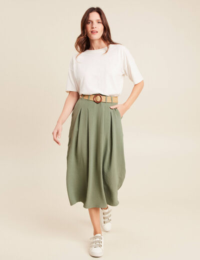Jupe longue évasée ceinturée vert kaki femme