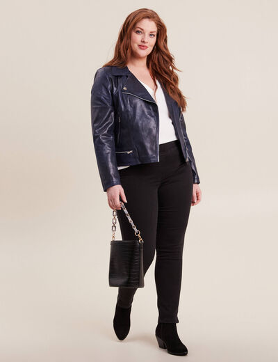 Veste esprit motard zippée bleu foncé femme