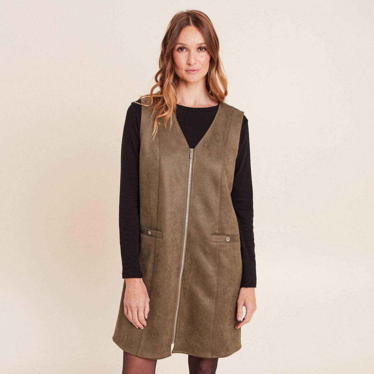 Robe chasuble su&eacute;dine vert kaki femme