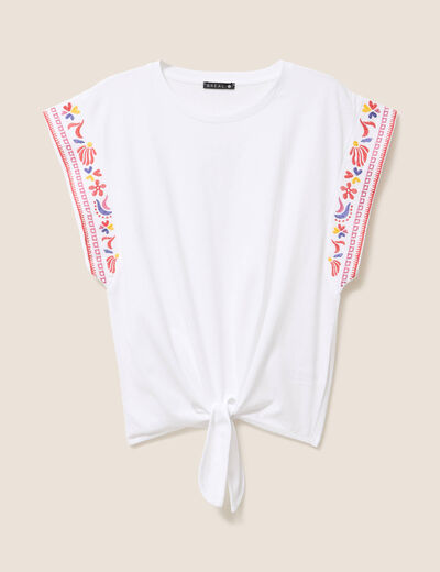 T-shirt broderie bas resserr&eacute; blanc femme