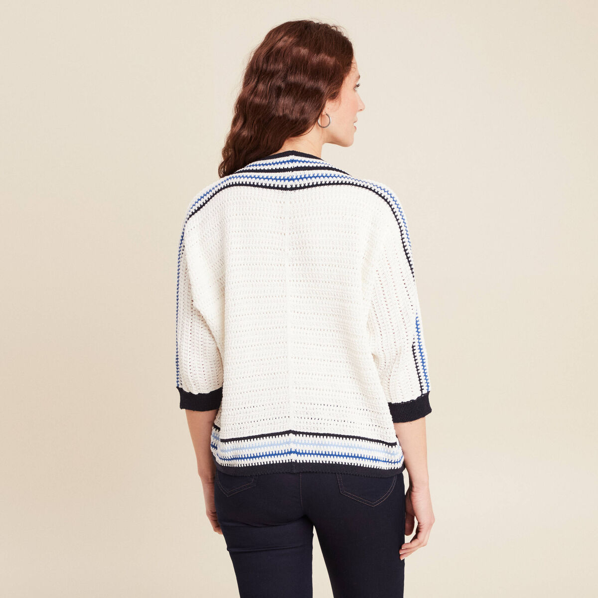 Gilet manches 3/4 ajouré ecru femme