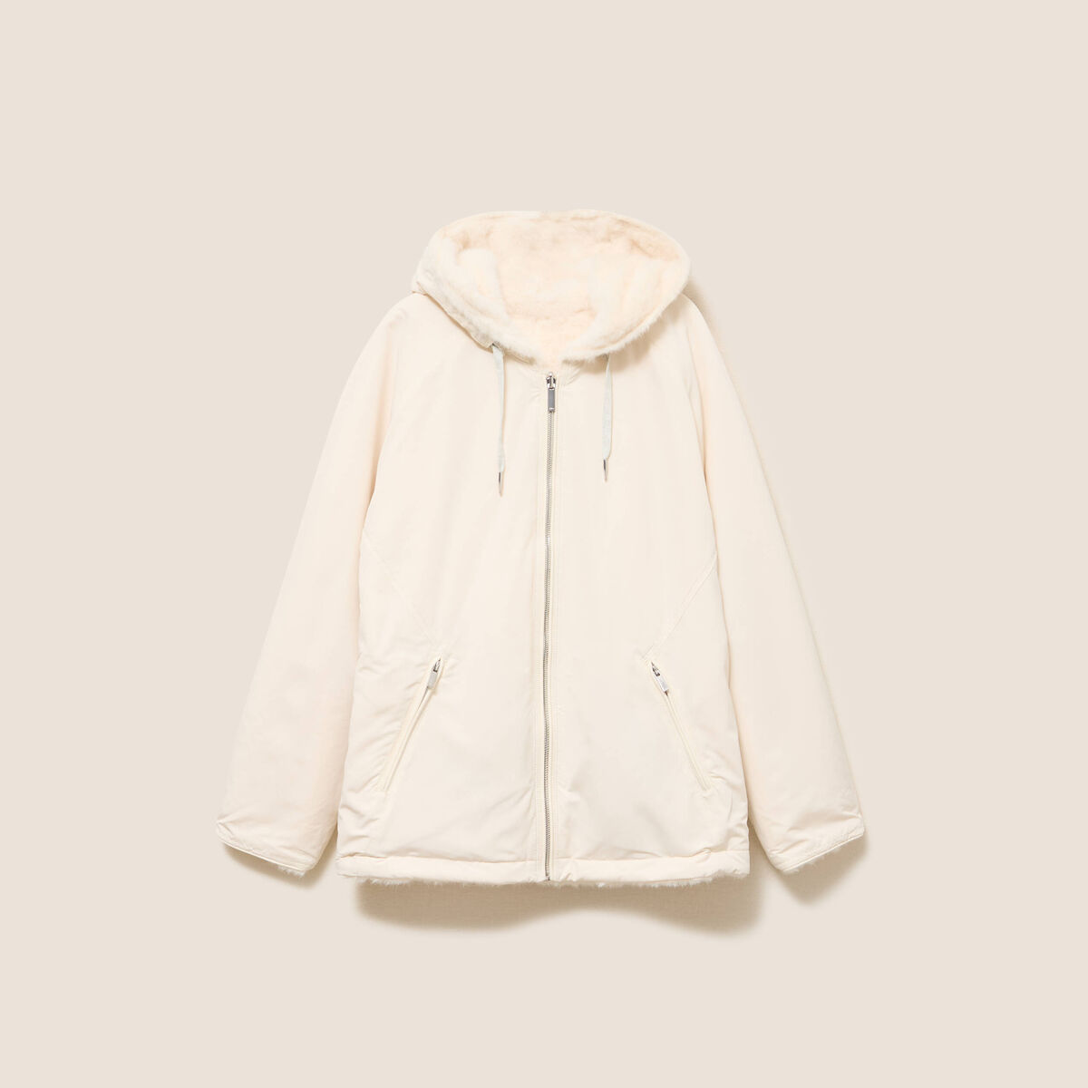 Parka r&eacute;versible courte &agrave; capuche ivoire femme