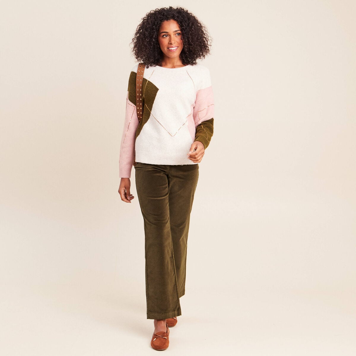 Pantalon taille haute en velours vert kaki femme