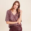 T-shirt &agrave; sequins manches coudes bordeaux femme