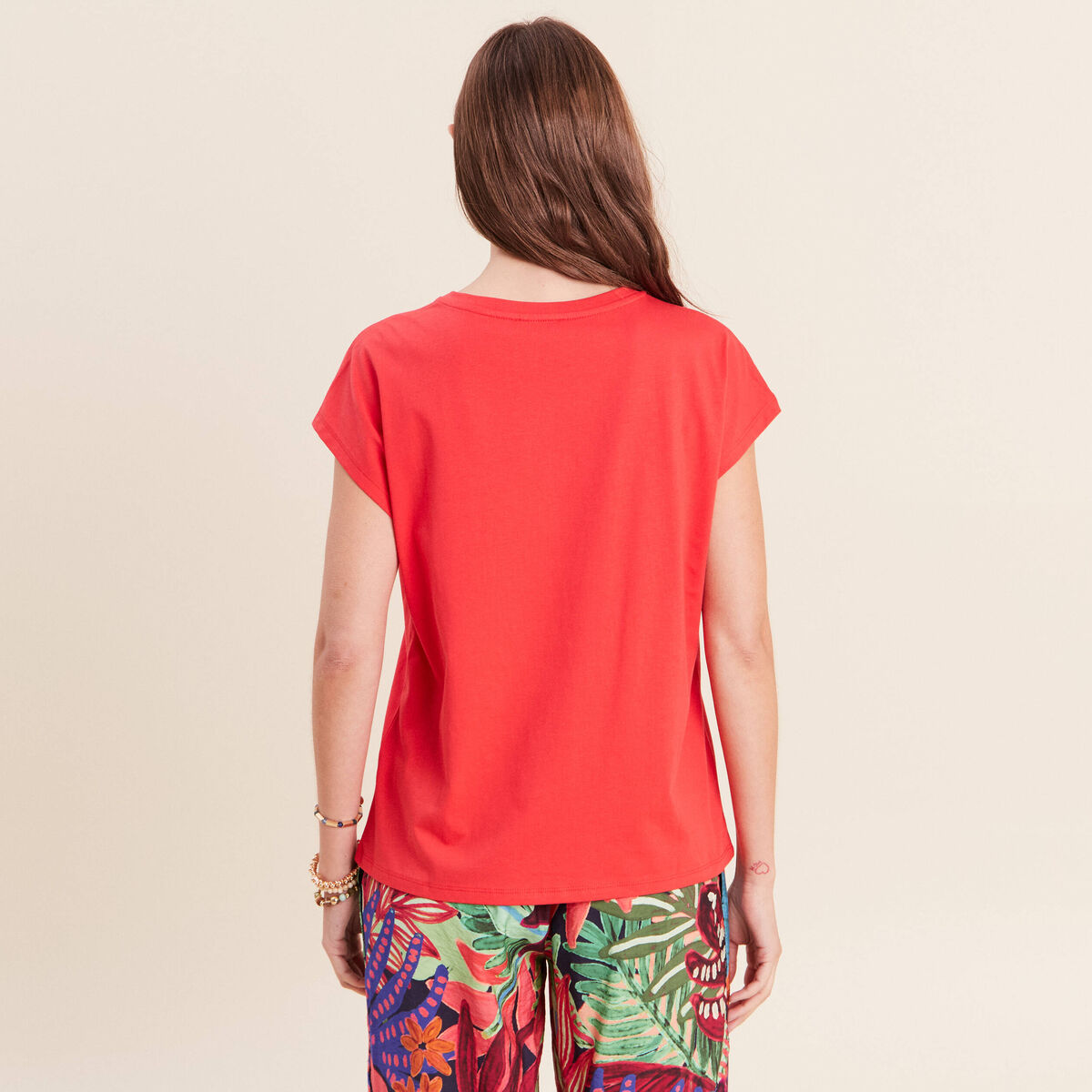 T-shirt &agrave; sequins manches courtes rouge femme