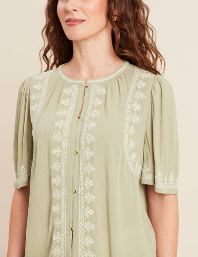 Chemise crêpe broderie col rond vert kaki femme