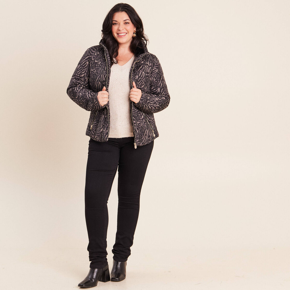 Doudoune d&eacute;perlante droite zipp&eacute;e noir femme