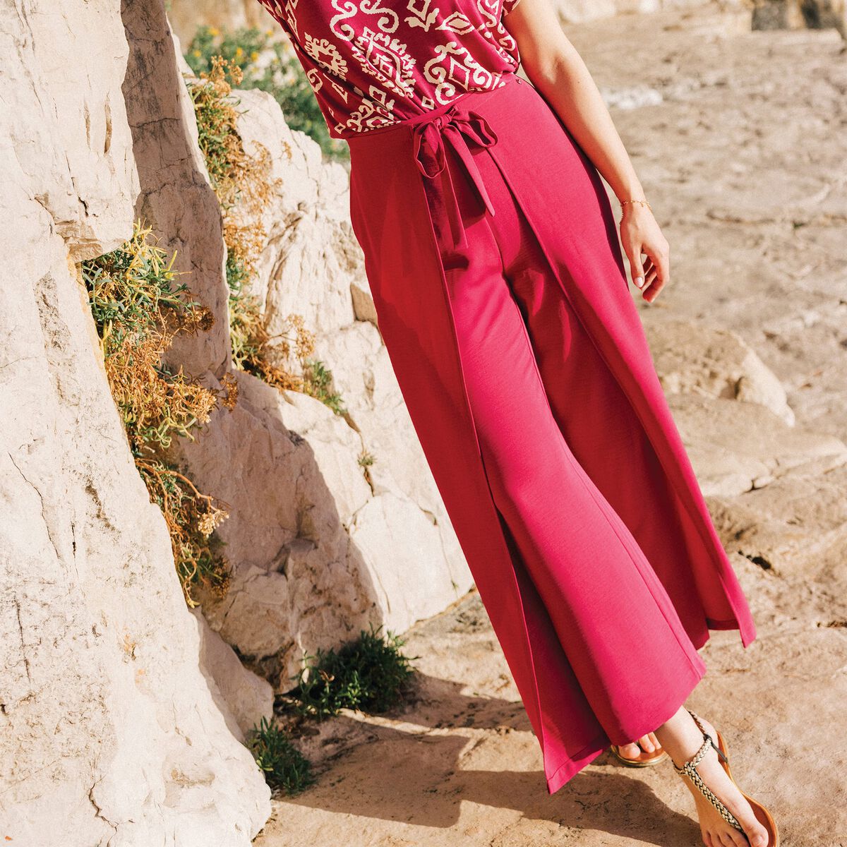 Pantalon coupe large portefeuille rose fushia femme