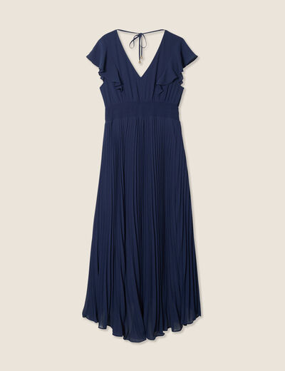Robe longue évasée à volants bleu marine femme