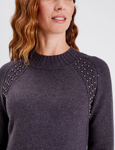 Robe pull droite avec perles gris foncé femme