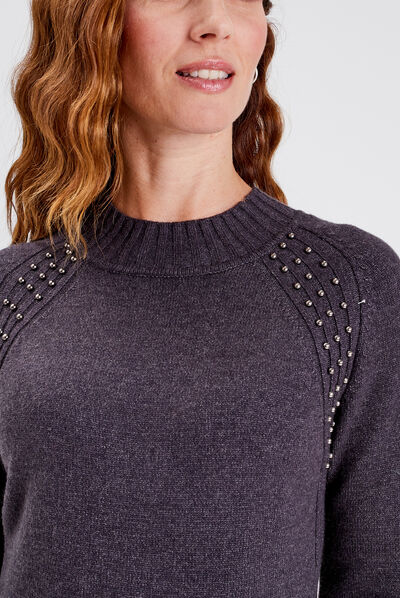 Robe pull droite avec perles gris foncé femme