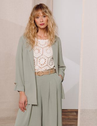 Veste longue droite col tailleur vert clair femme