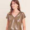 T-shirt col V manches courtes vert kaki femme