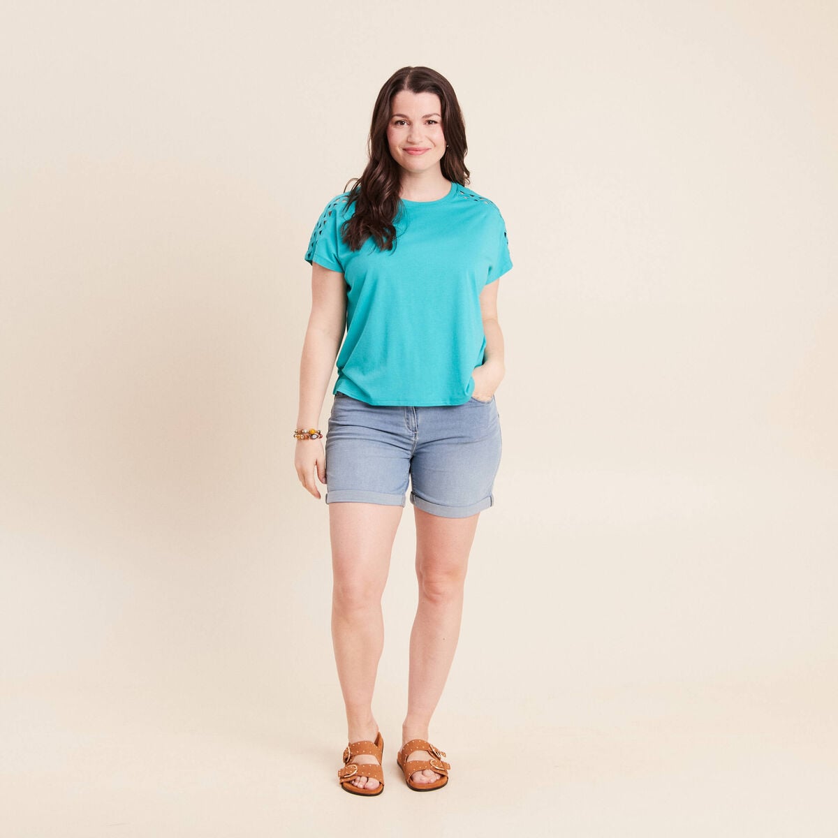 T-shirt col rond manches courtes vert turquoise femme