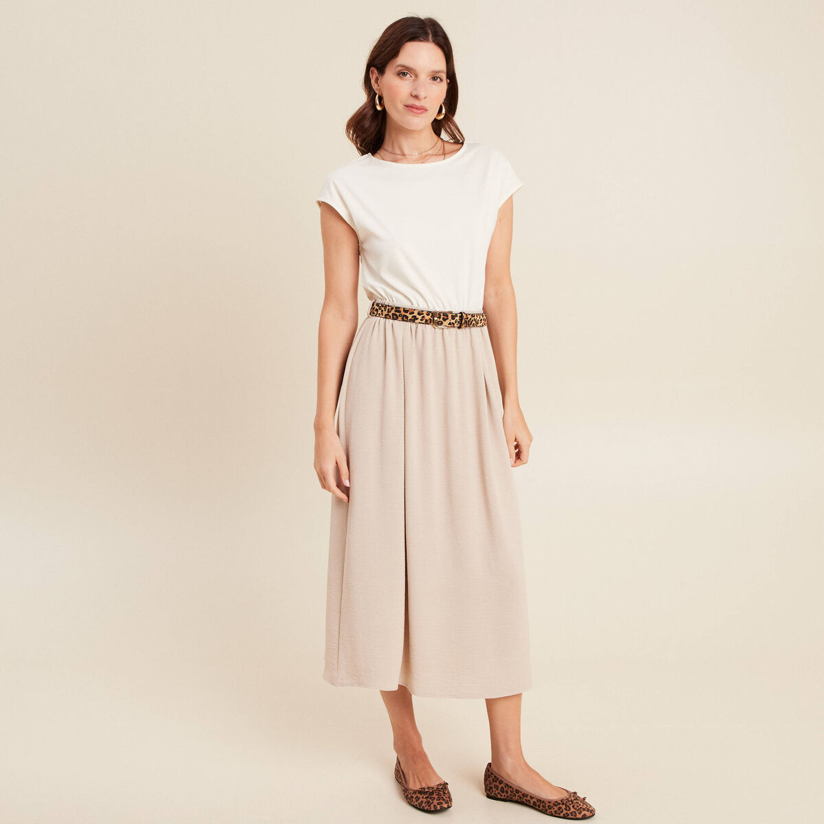 Robe longue évasée bi-matière ecru femme