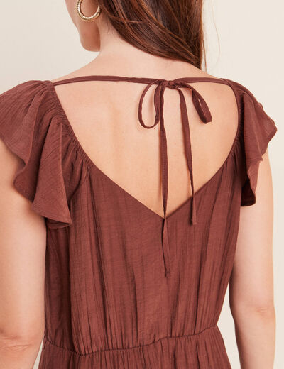 Robe longue &eacute;vas&eacute;e manches courtes marron femme