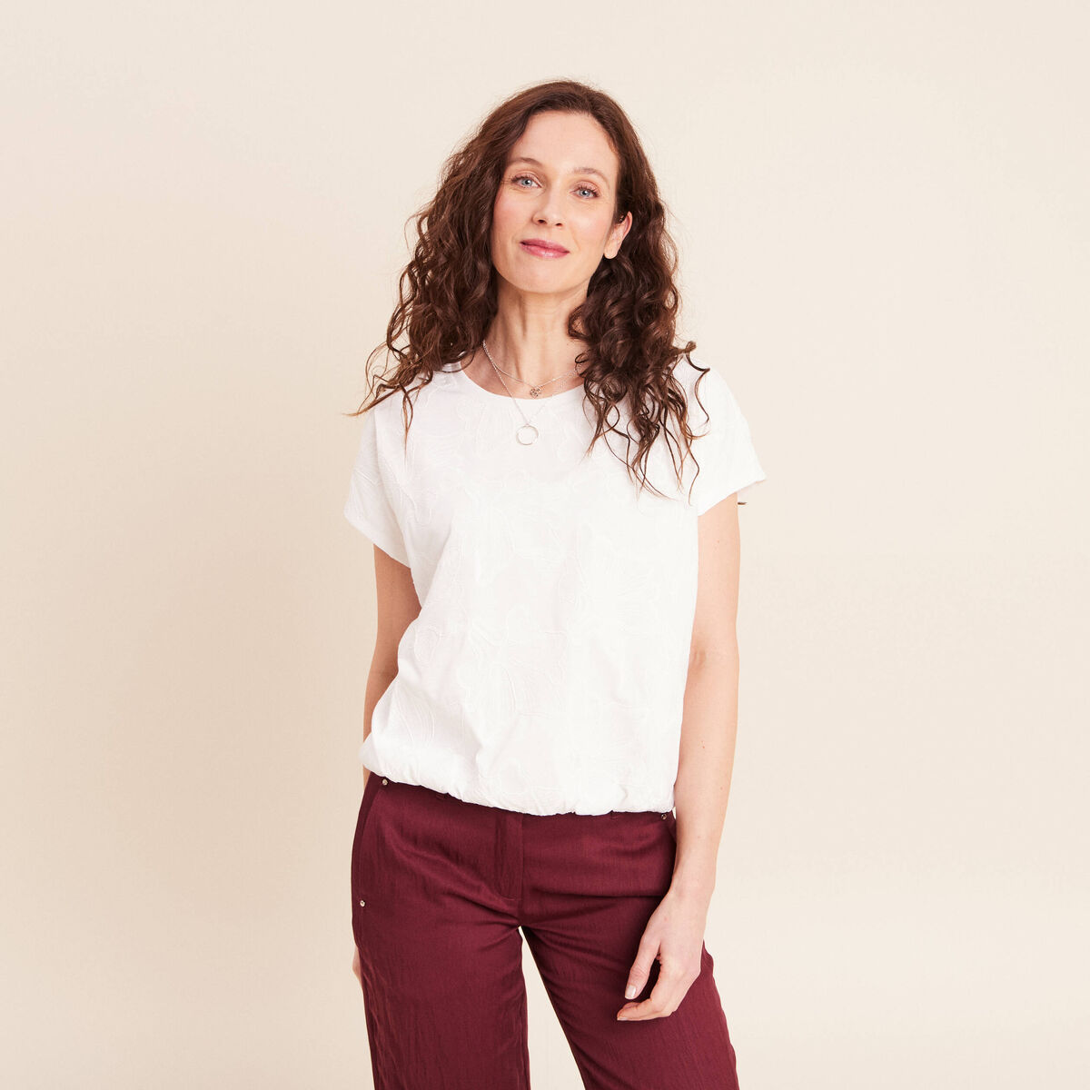 T-shirt col rond manches courtes doubl&eacute;e ecru femme