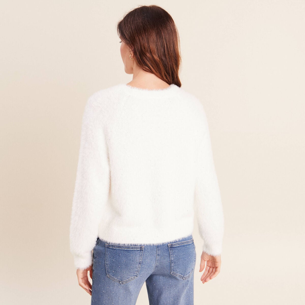 Gilet col V &agrave; sequins ecru femme