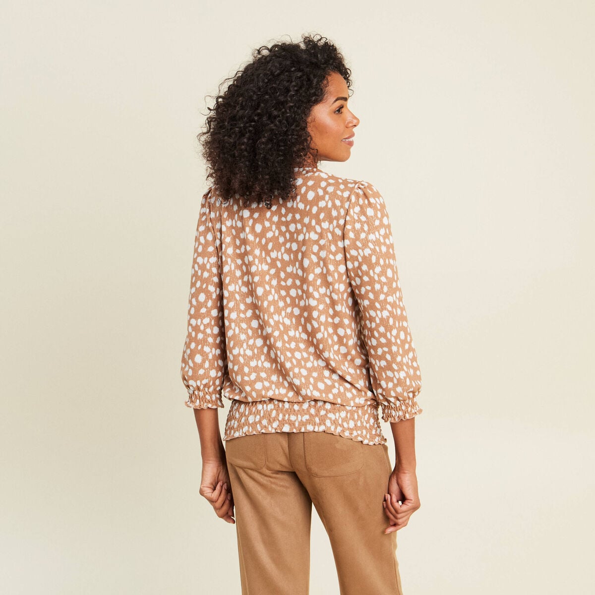 T-shirt col rond manches 3/4 marron femme