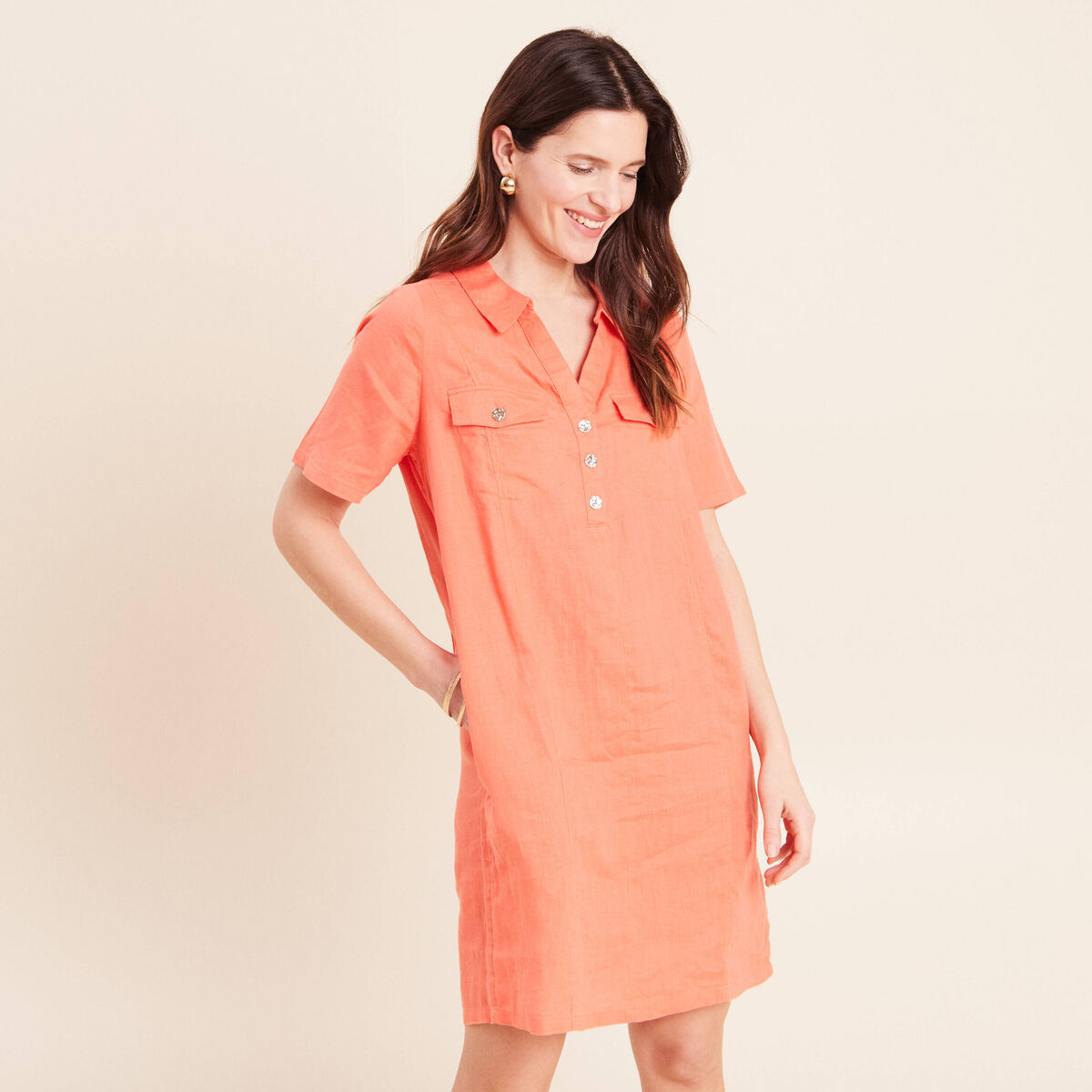 Robe droite courte col chemise orange fluo femme