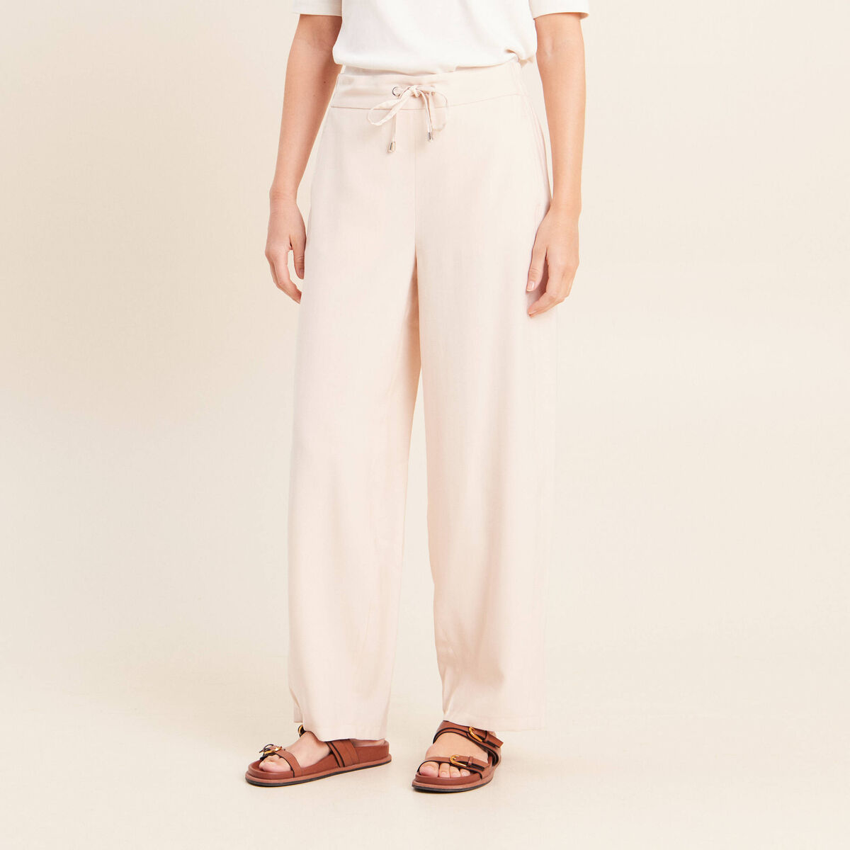 Pantalon large taille haute creme femme