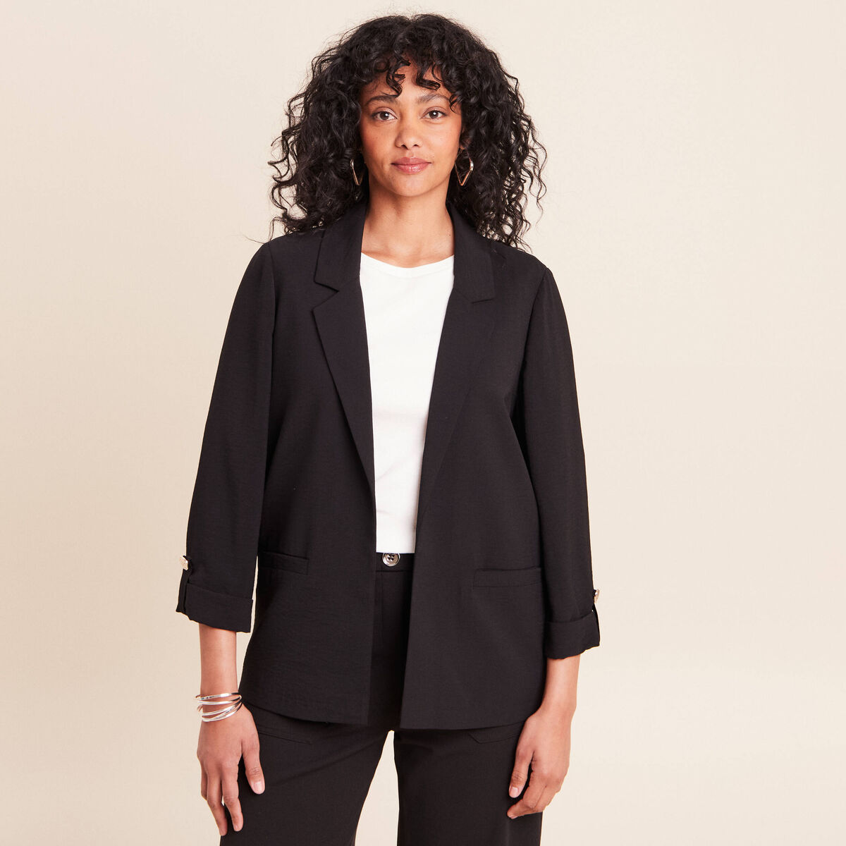 Veste longue droite col tailleur noir femme