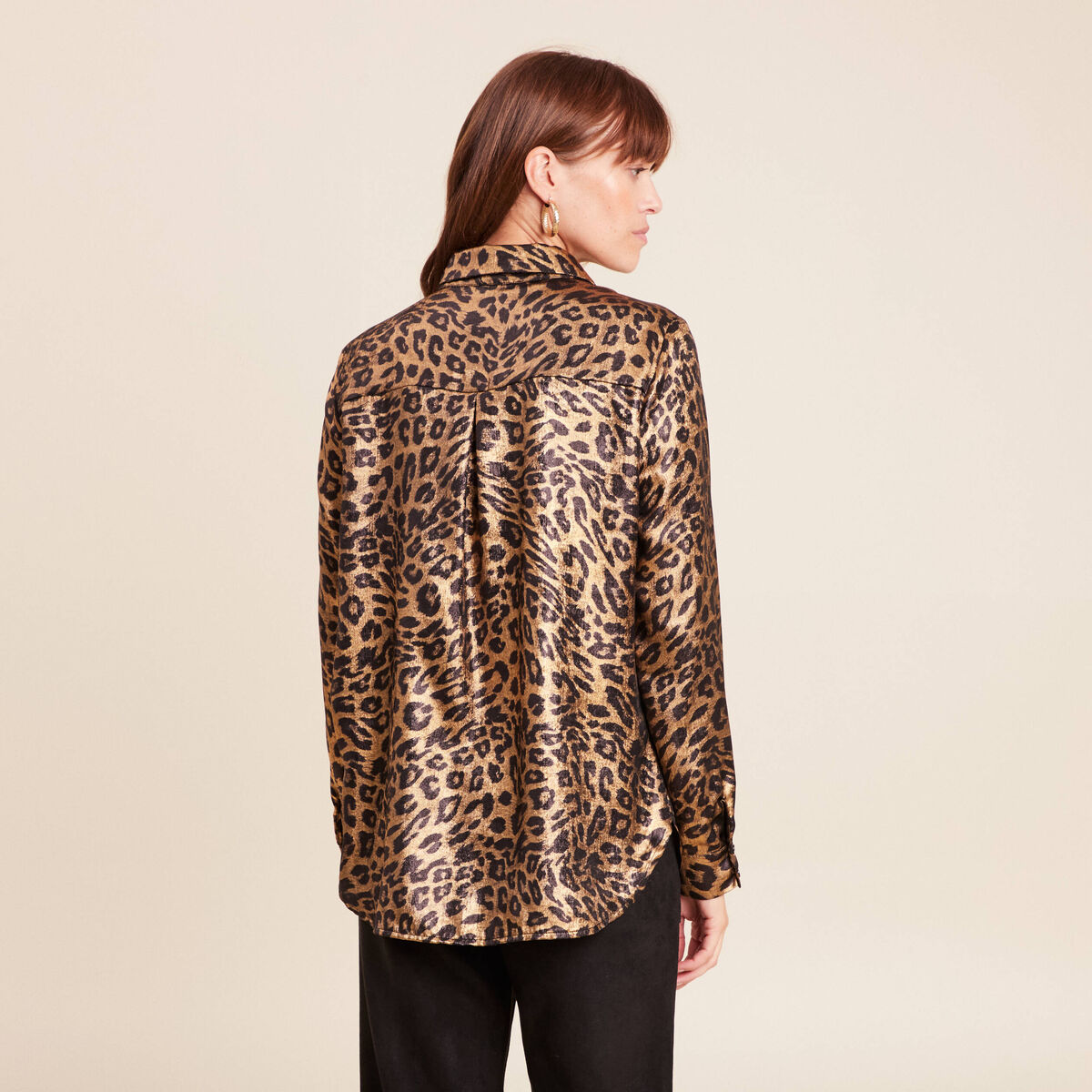 Chemise droite mi-longue brillante noir femme
