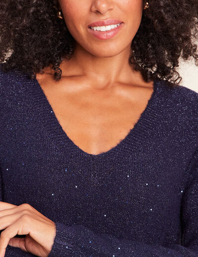 Pull col v manches longues &agrave; sequins bleu marine femme